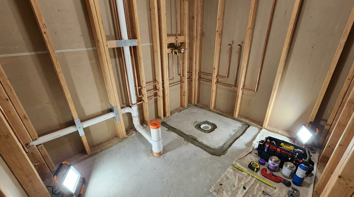 Bathroom rough-in plumbing during remodel by Johns Plumbing LLC in Plummer