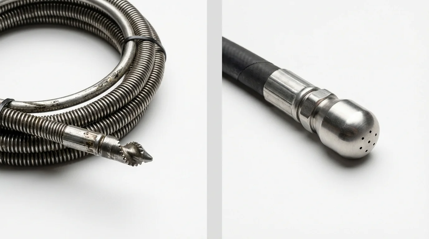 Drain snake cable and hydro jetting nozzle used for drain cleaning in Plummer, ID