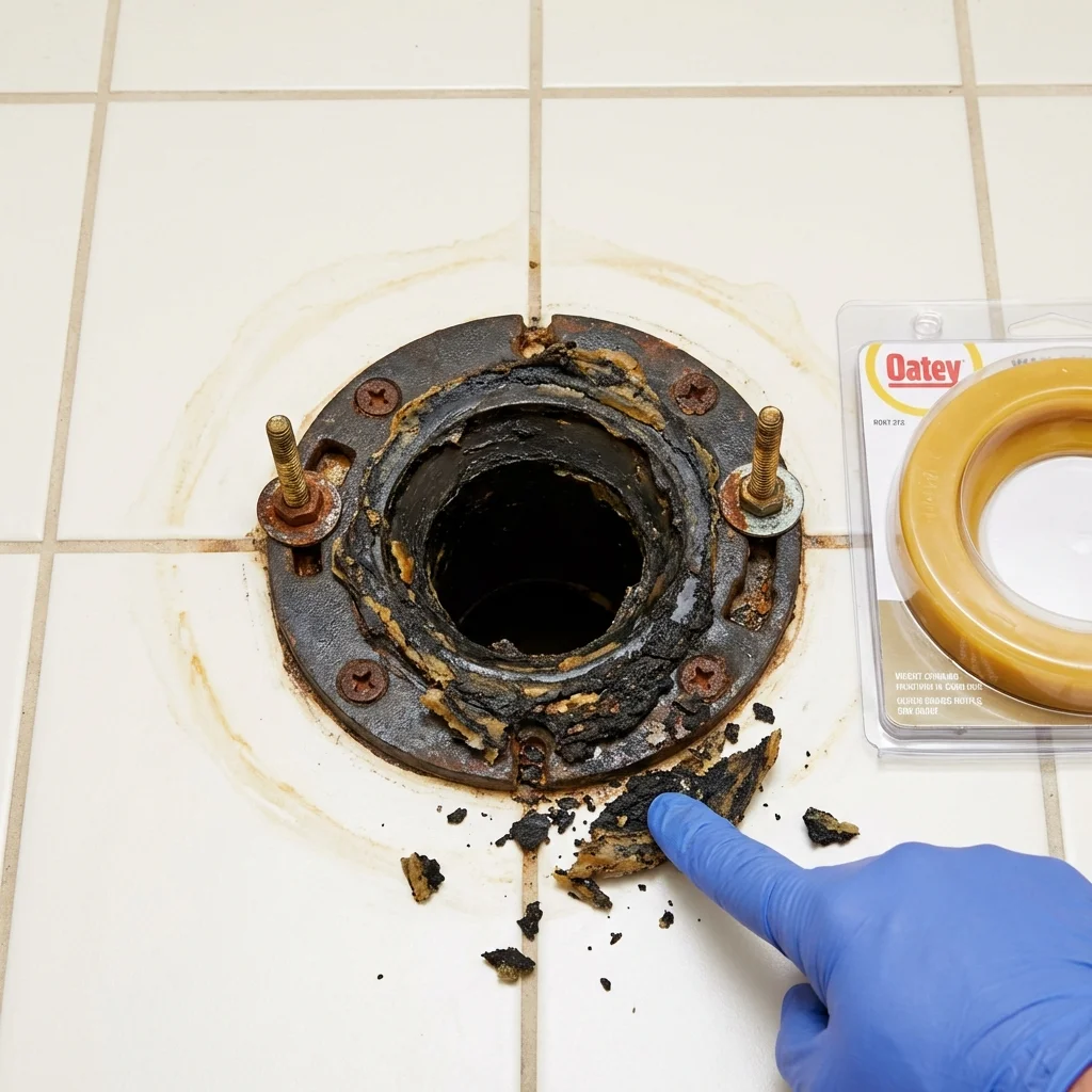 Failed wax ring showing water seepage at the base of a toilet in a Plummer, ID home